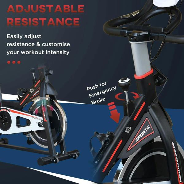 Black indoor cycling bike with adjustable resistance dial and handle controls