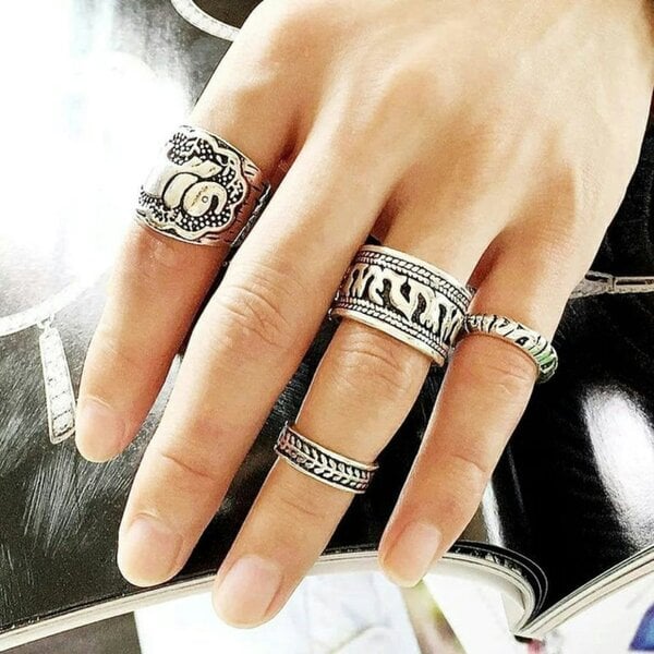 The Colourful Aura 4 Pieces Ethnic Vintage Elephant Bohemian Antique Silver Rings Set