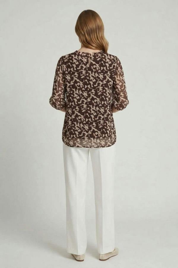 Brown | Printed Semi Sheer 3/4 Sleeve Blouse