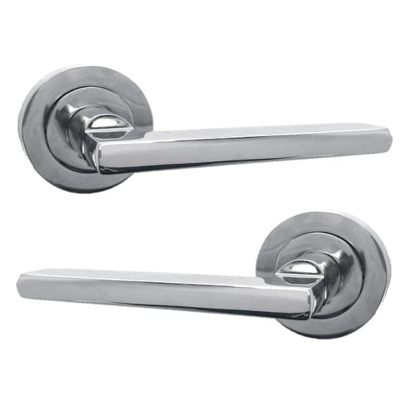 EDH Door Hardware Polished Chrome Modern Lever on Round Rose Door Handles – Handle Only or Handle + Tubular Latch