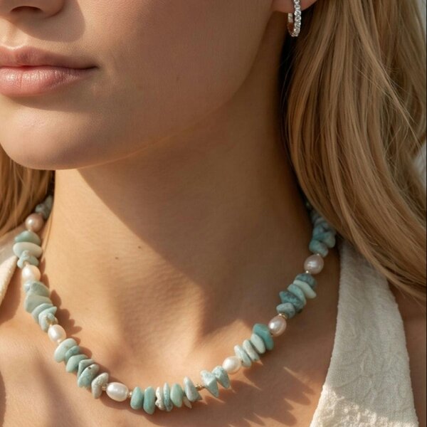 Uchi & Soto Shinju Pearl and Aqua Larimar Stone Necklace