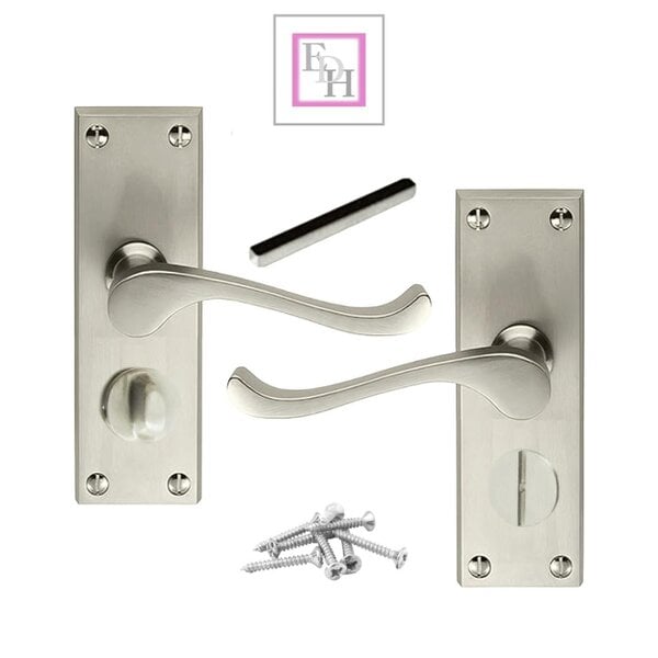 EDH Door Hardware Victorian Scroll Satin Nickel Bathroom Door Handles Set with Privacy Lock 2 Pair