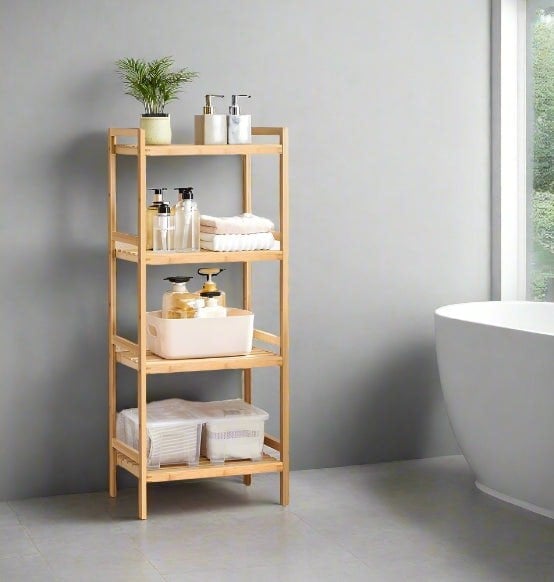 Natural bamboo 5-tier storage rack with adjustable shelves in a modern bathroom


