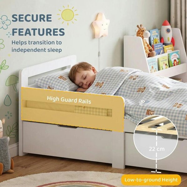 Wooden Kids Bed Frame with 2 Storage Drawers and Guard Rails for Ages 4-14, 144 x 76 x 57 cm (No Mattress), White