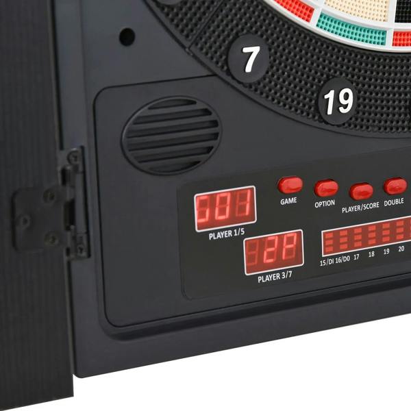 Close-up of black electronic dartboard control area with red LED score screens and buttons