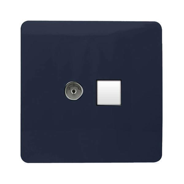 Trendi Switch 2 Gang TV Co-Axial & RJ45 Cat 6 Modern Designer PC Ethernet Sockets in Navy Blue