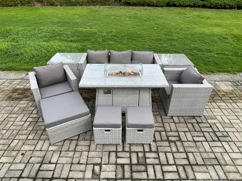 Fimous Outdoor Garden Dining Sets Rattan Furniture Gas Fire Pit Dining Table With 2 Armchairs 2 Side Tables 3 Footstools Light Grey