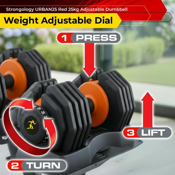 Homeology Urban25 Home Fitness Adjustable Dumbbell from 2.5kg to 25kg Single Training Weights Black Orange