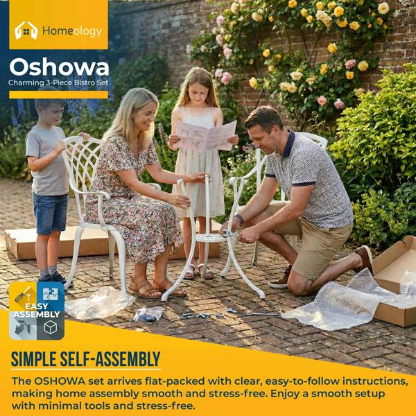 Homeology OSHOWA White Aluminium Weatherproof Outdoor Table and 2 Comfortable Chairs with Armrests Bistro Set