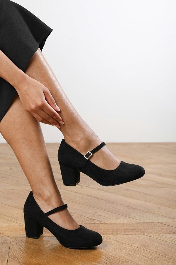 Where's That From Breanna Block Heel Court Shoes in Black Faux Suede Leather