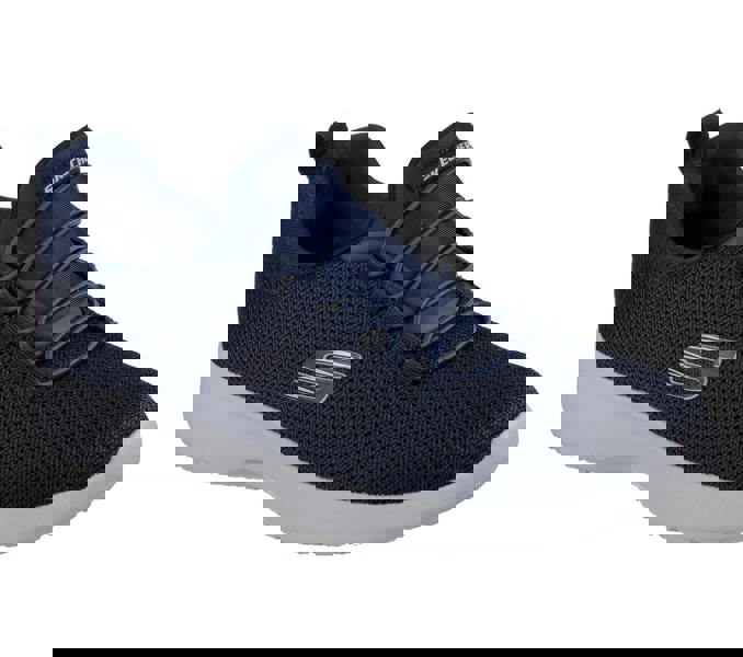 Skechers Dynamight Mens Slip On Comfort Memory Foam Trainers, navy blue athletic shoe with breathable knit upper and cushioned white sole for casual wear and walking comfort.