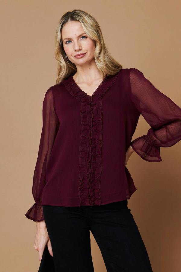 Purple | Semi Sheer Balloon Sleeve Frilled Blouse