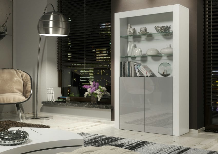 Mex Furniture Tall Display Cabinet 170cm White Matt Body and Grey Gloss Doors – Modern Open Shelving Unit