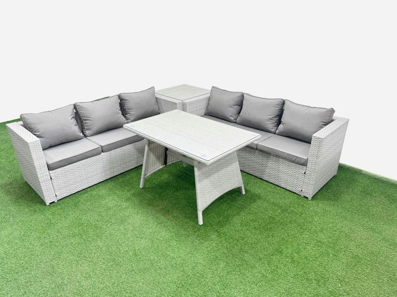Fimous Rattan Garden Furniture Dining Set 6 seater Patio Rectangular Table 3 Seater Sofa Set with Side Table Light Grey