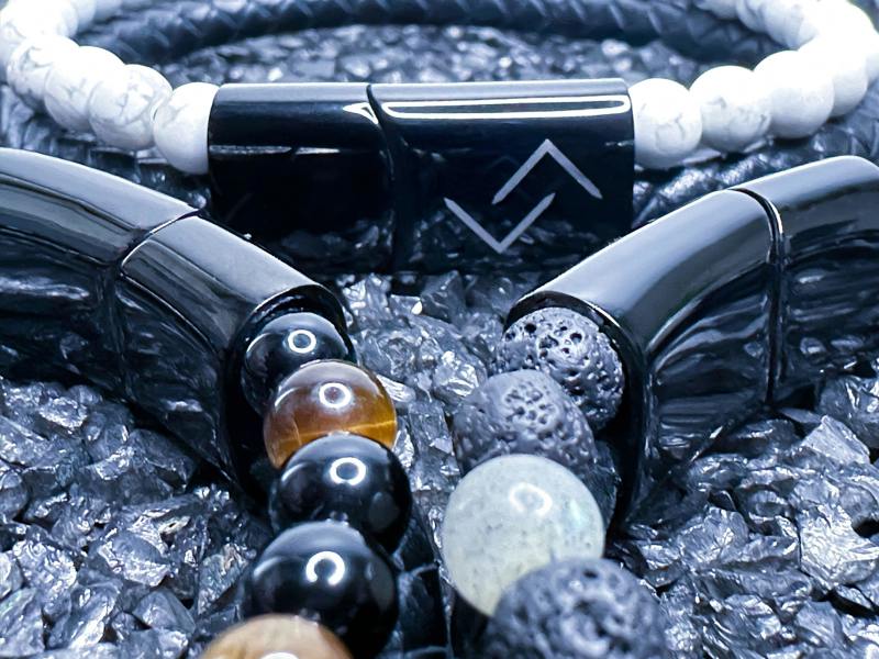 RUNESILK Leather, Onyx and Brown Tiger's Eye Bead Bracelet