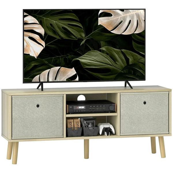 Natural wood TV stand with two fabric foldable drawers and central open media shelf