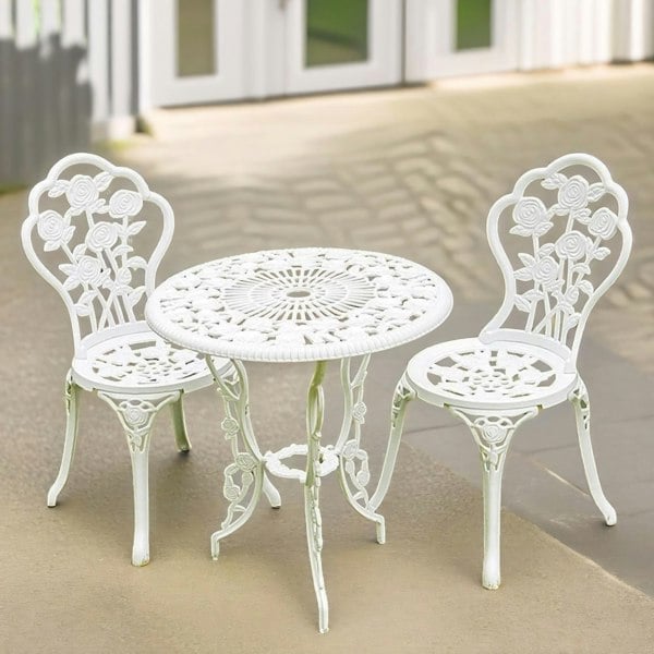 Rafaelo Mobilia Set of 3 Rose Cast Iron Bistro Table And Chair White
