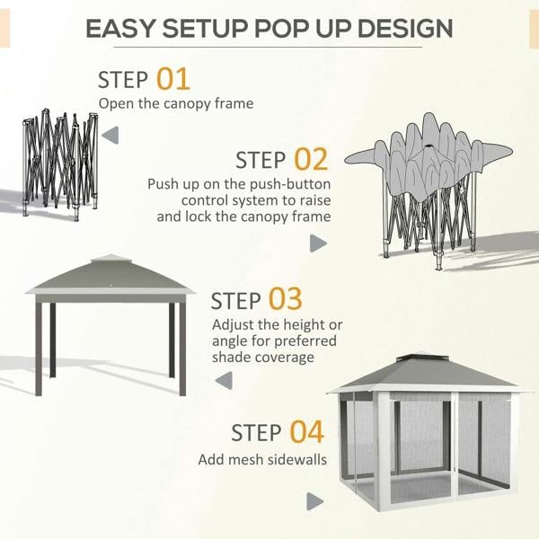 Pop-up canopy tent setup shown with frame and mesh sidewalls, dark grey roof