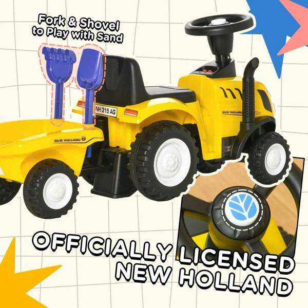 Yellow ride-on tractor walker with blue front attachments and black seat