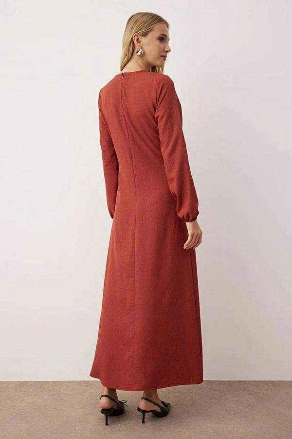 WOVCOR Tie Waist Long Sleeve Maxi Dress