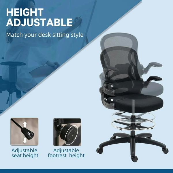 Black mesh ergonomic standing chair with padded seat and flip-up armrests on swivel base