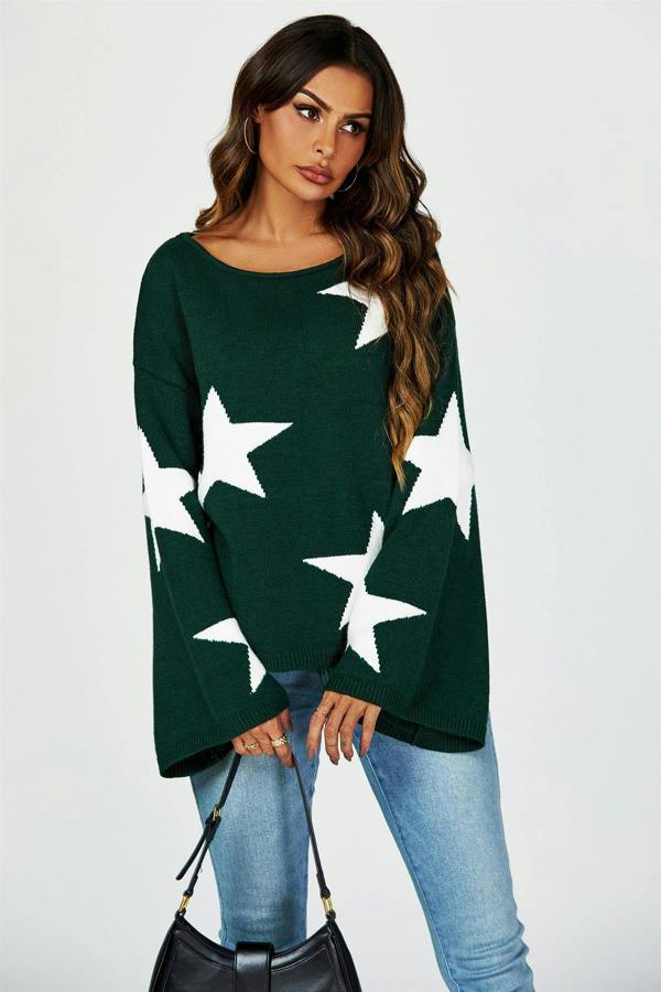 FS Collection Wide Sleeve Oversize Dark Green Jumper With White Star