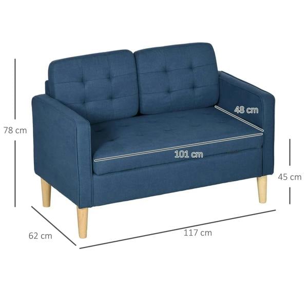 Blue 2-seater loveseat sofa, tufted backrest and seat, with wooden legs