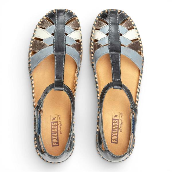 Pikolinos Women's Ocean Blue Leather Semi-Open Wedge Sandal Shoes - Cadaques