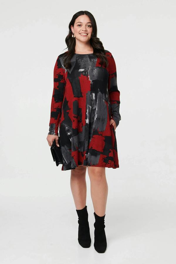Red | Curve Printed Long Sleeve Short Dress