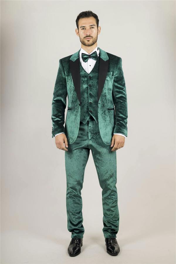 Infinity Leather Men's Green 3 Piece Velvet Wedding Tuxedo Formal Suit