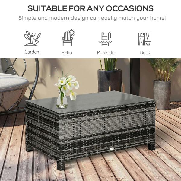 Grey PE rattan garden coffee table with glass top and woven crosshatch pattern.