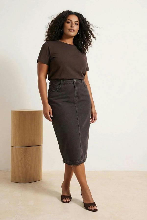 WOVCOR Front Slit Midi Length 100% Cotton Non-Stretch Plus Size Denim Skirt