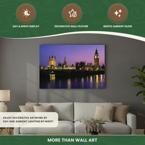 Houses of Parliament Canvas Picture Print with 8 LED Lights, 60 x 40 cm, Stretched Wooden Frame, Battery Powered