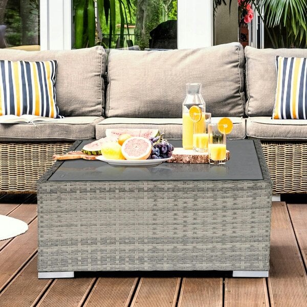 Wyld Haus Vimito Rattan Light Grey Square Outdoor Side Table With Glass Top