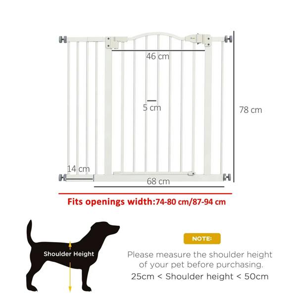 White adjustable pet gate barrier with opening and panel size dimensions