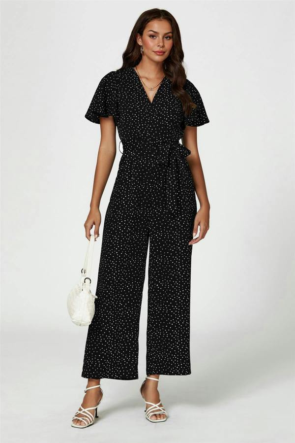 FS Collection Dot Print Wrap Top Jumpsuit In Black
