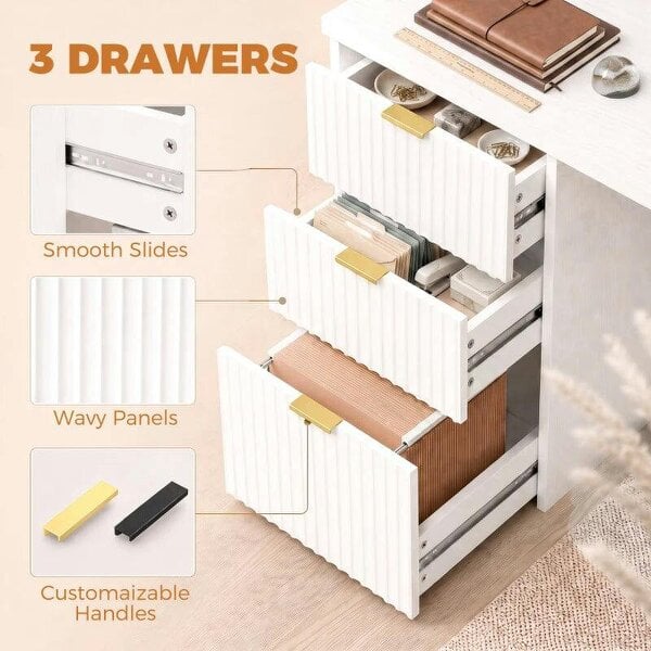 Computer Desk with 3 Drawers Reversible Home Office Desk 120 cm, White