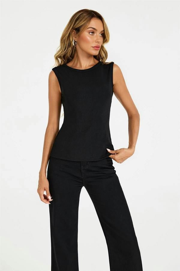 FS Collection Sleeveless Jersey Crew Neck Top Black