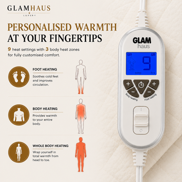 GlamHaus Double Size Electric Blanket - Fitted Mattress Bed Cover - White Diamond Quilted - Settings for Feet and Body, Timer