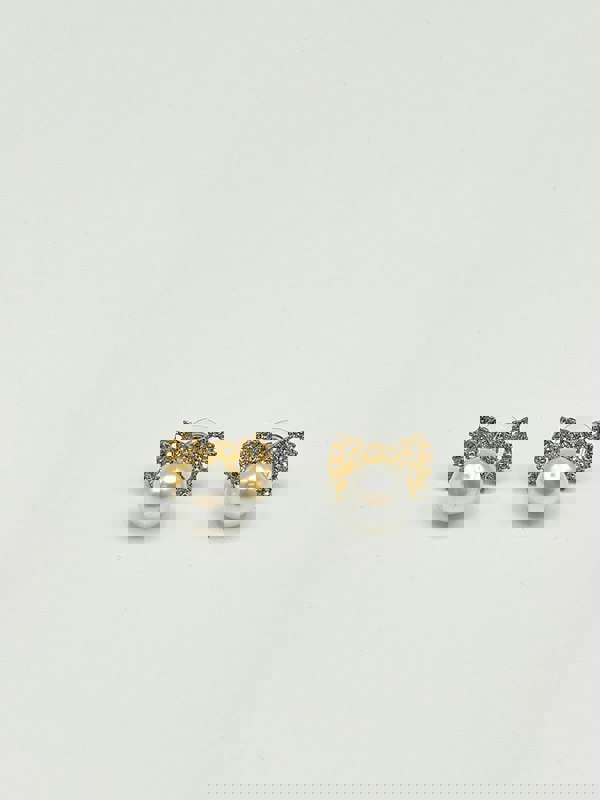 SVNX Diamante Bow Pearl Drop Earrings - Gift Boxed