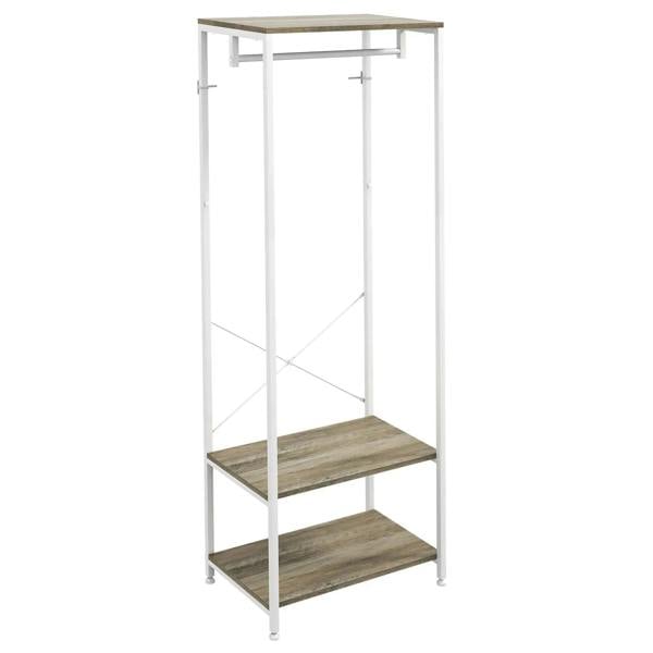 White metal coat rack with grey wood-style bench shelves and open front frame