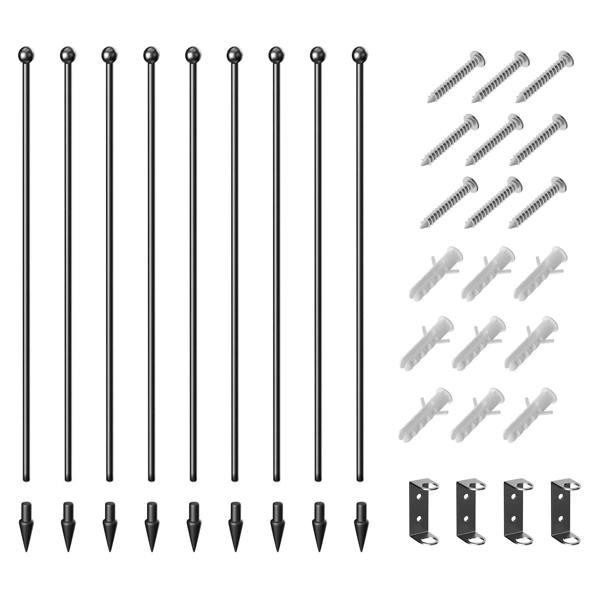 Black metal dog pen parts kit with vertical bars, screws, and corner brackets