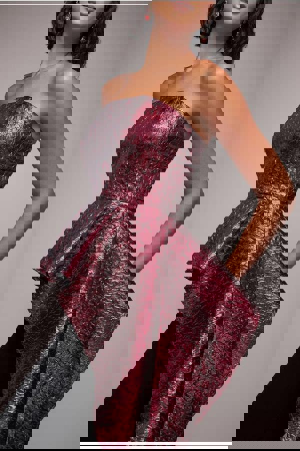 Boob Tube Jacquard Top With Asymmetric Peplum Frill - Burgundy Red T251