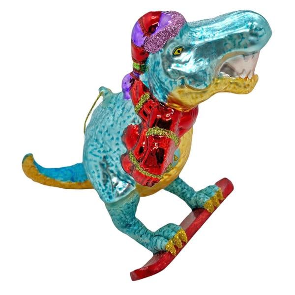 Ferncrest Trading Surfing Dinosaur Glass Christmas Tree Bauble