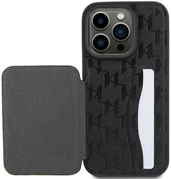 Karl Lagerfeld Saffiano Card Slots with Stand Monogram Choupette Case for iPhone 15 Pro 6.1" Black - KLHCP15LSAKCNSCK