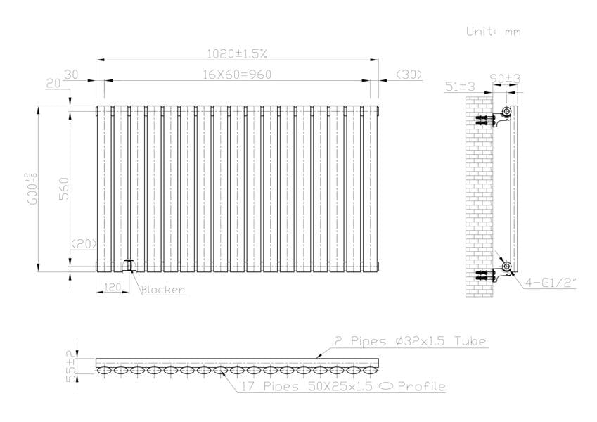 MYHOMEWARE Black 1020 x 600 mm Modern Horizontal Column Designer Radiator Oval Single Panel Radiator Heater