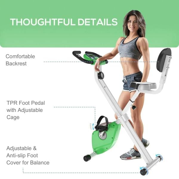 Exercise bike with comfort backrest, adjustable foot pedals, and green flywheel