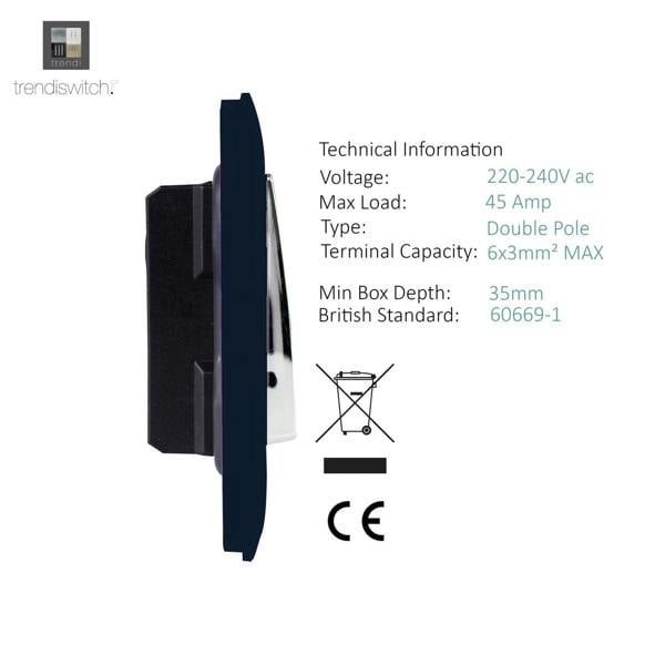 Trendi Switch 1 Gang 45 Amp Cooker Switch with Neon in Navy Blue