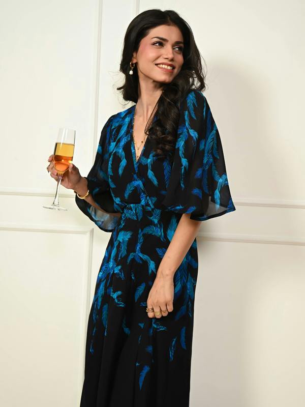 Rose & Nancy Talia Black Feather Print Maxi Dress