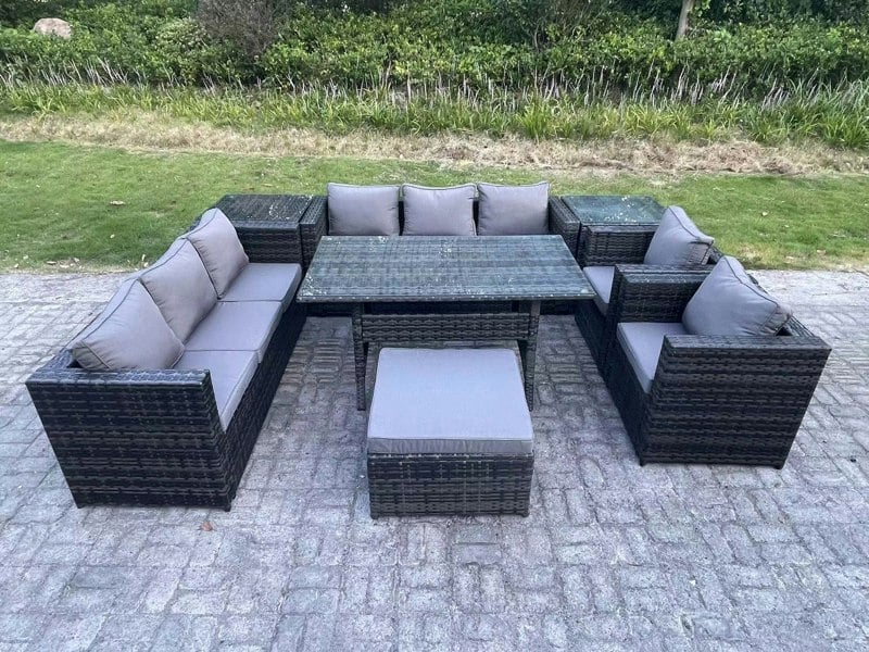 Fimous 9 Seater Dark Grey Mixed Rattan Outdoor Lounge Set - Rectangular Dining Table, 2 Armchairs, 2 Side Tables & Stool